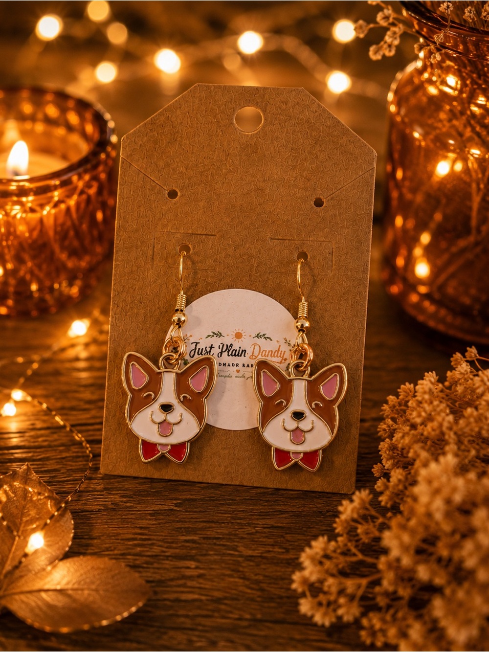 Corgi Dog Dangle Earrings Cute Puppy Bow Tie Novelty Jewelry